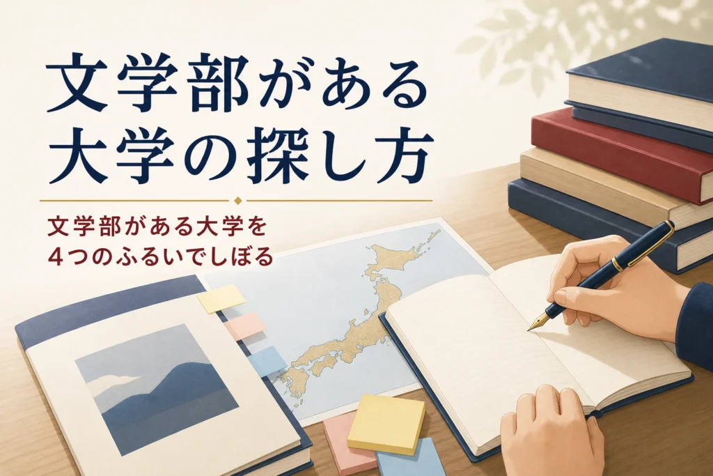 日本地図と大学パンフレットが置かれた机と、文学部がある大学の探し方を紹介する記事のタイトル