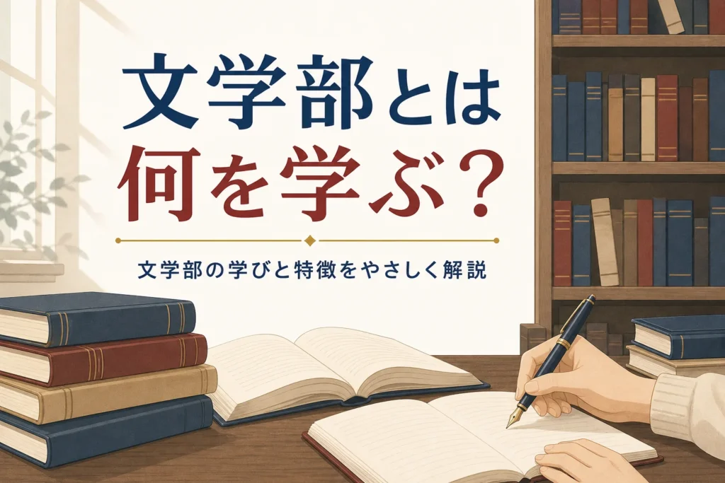 図書館の机に本とノートを広げた手元と、文学部とは何を学ぶ学部かを紹介する記事タイトル