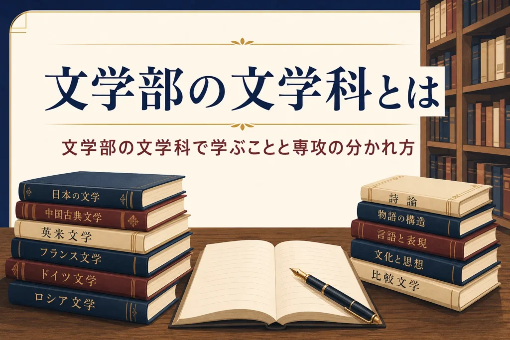 図書館の机に積まれた文学書と、文学部の文学科とは何かを紹介する記事タイトル