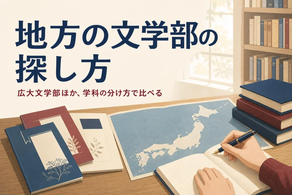 机に広げた地図と大学案内と、広大文学部ほか地方の文学部の探し方を紹介する記事タイトル