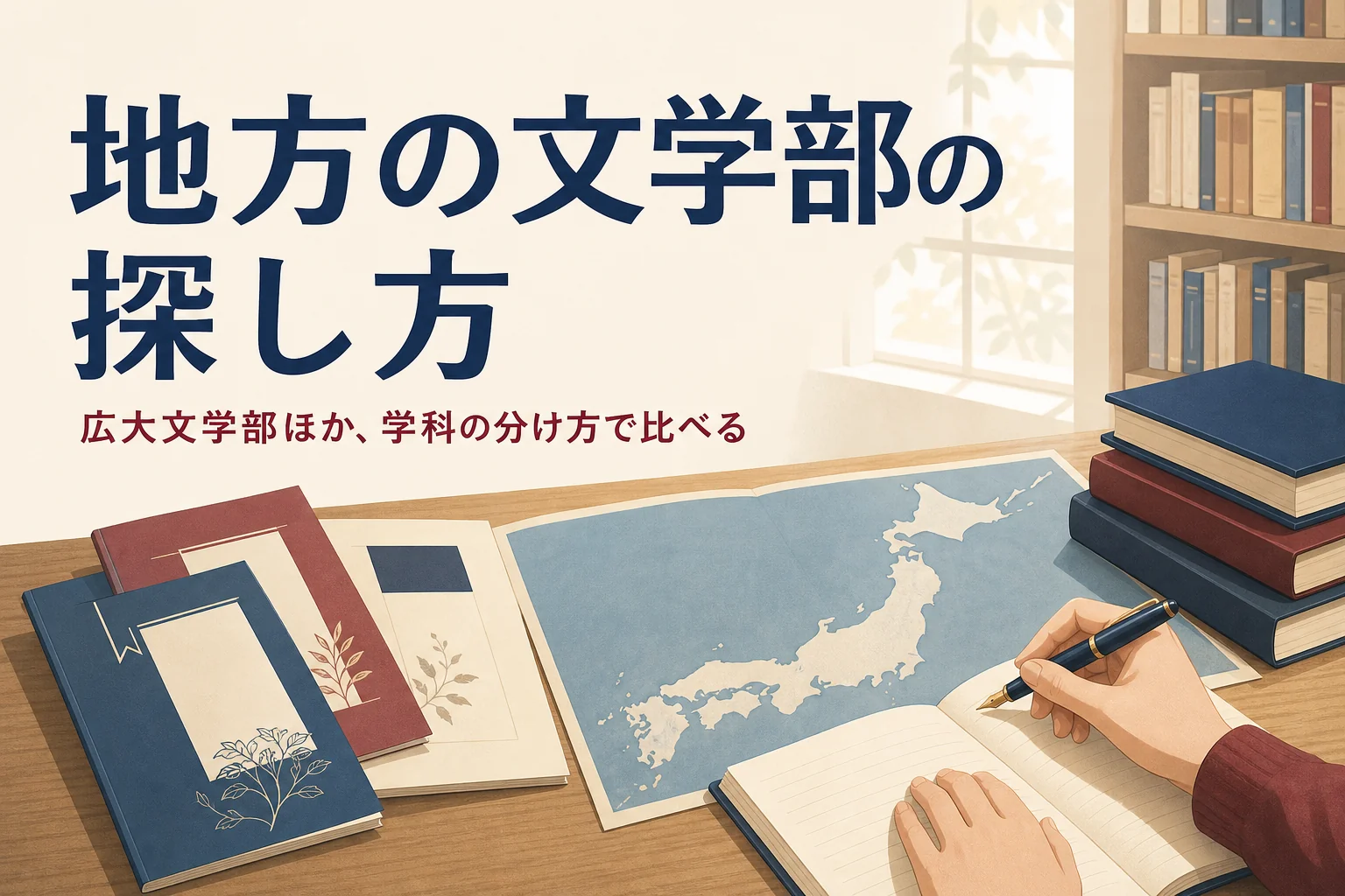 机に広げた地図と大学案内と、広大文学部ほか地方の文学部の探し方を紹介する記事タイトル