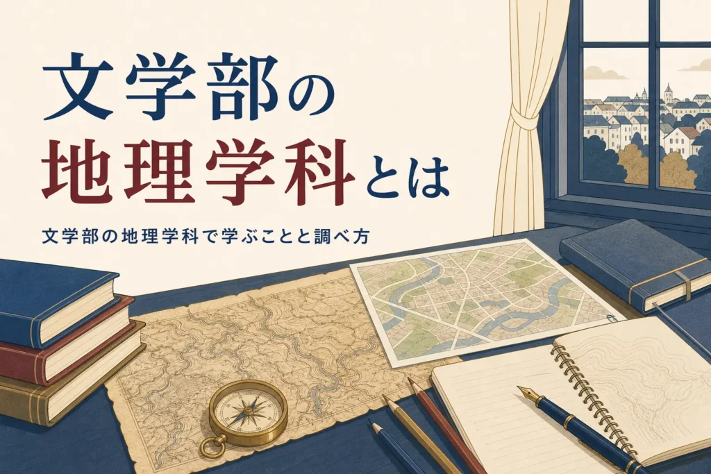 机に広げた地図とフィールドノートと、文学部の地理学科とは何かを紹介する記事タイトル