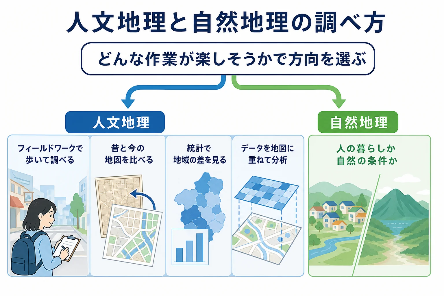 人文地理と自然地理をフィールドワーク・地図・統計の調べ方で比べた図解