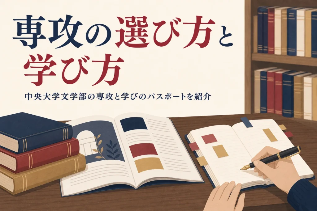 机に開いた大学案内と付箋を貼ったノートと、中央大学文学部の専攻の選び方を紹介する記事タイトル