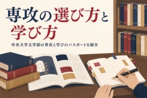 机に開いた大学案内と付箋を貼ったノートと、中央大学文学部の専攻の選び方を紹介する記事タイトル