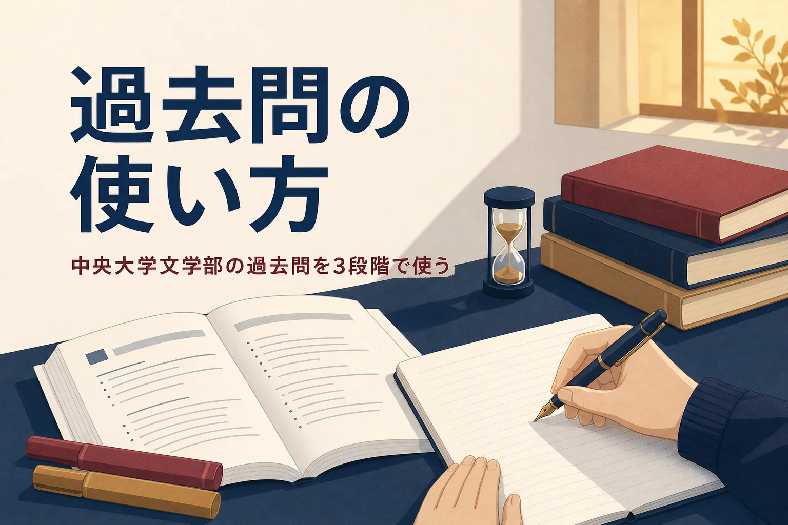 問題冊子とタイマーが置かれた勉強机と、中央大学文学部の過去問の使い方を紹介する記事のタイトル