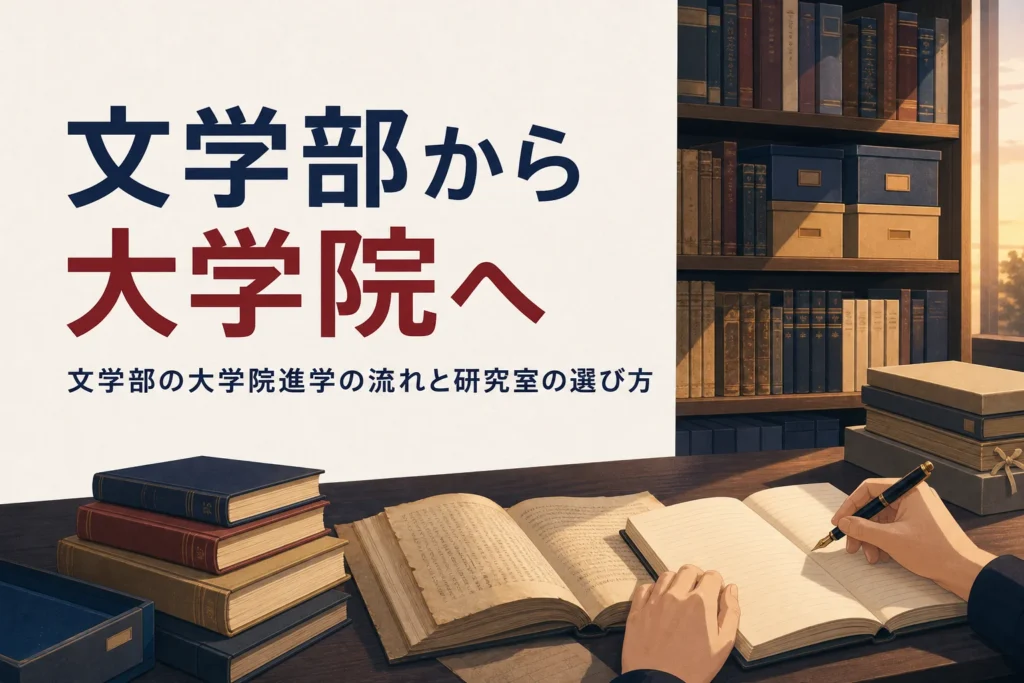 研究室の机に資料とノートが広げられた様子と、文学部から大学院へ進む流れを紹介する記事タイトル