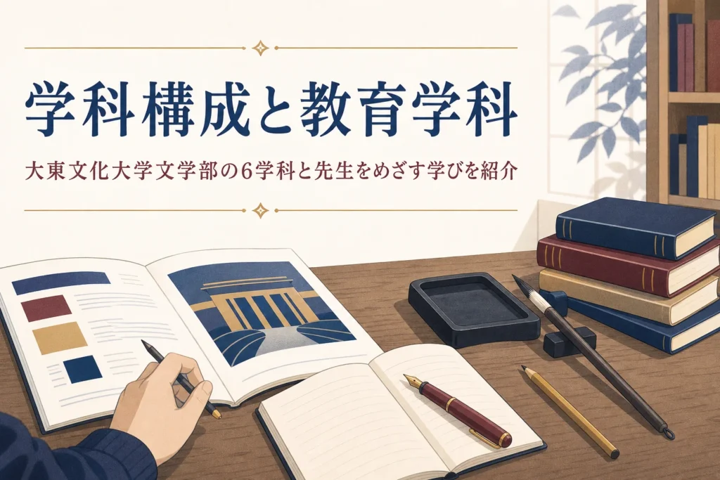 机に開いた大学案内と筆とノートと、大東文化大学文学部の学科と教育学科を紹介する記事タイトル