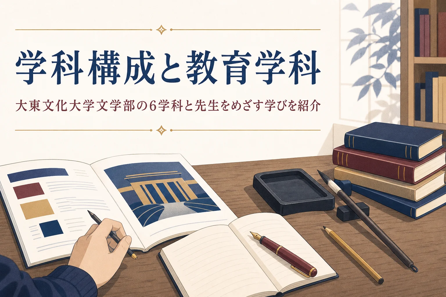 机に開いた大学案内と筆とノートと、大東文化大学文学部の学科と教育学科を紹介する記事タイトル