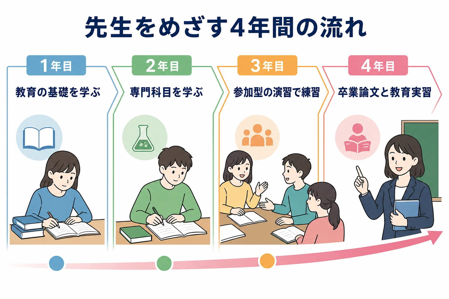 教育学科で1年次の基礎から4年次の卒業論文と教育実習まで進む流れを示した図解