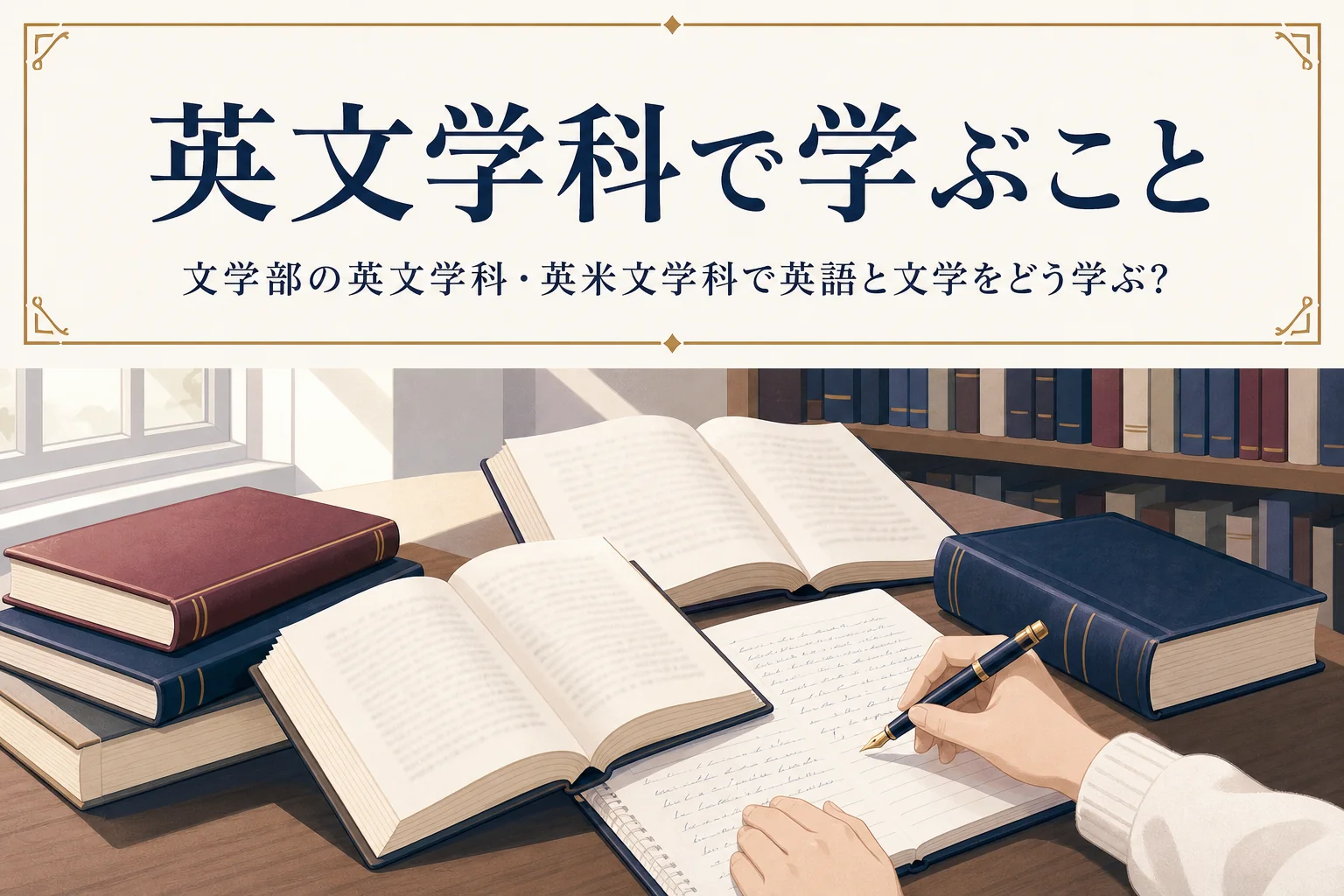 洋書と英語のノートが広がる図書館の机と、文学部の英文学科で学ぶことを紹介する記事タイトル