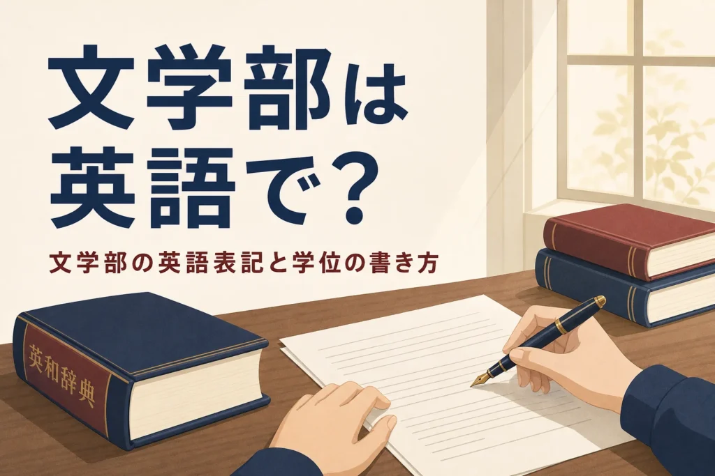 英文の書類と辞書を前に万年筆を持つ手元と、文学部の英語表記を紹介する記事タイトル