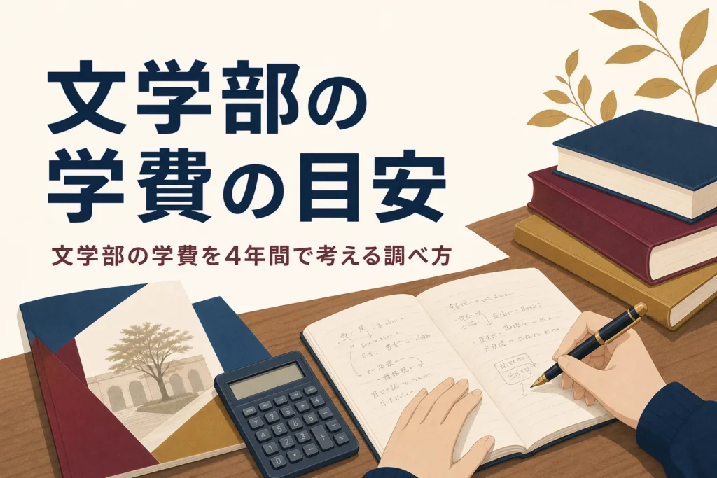 机の上の大学パンフレットと電卓とノートと、文学部の学費の目安を紹介する記事タイトル