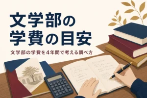 机の上の大学パンフレットと電卓とノートと、文学部の学費の目安を紹介する記事タイトル