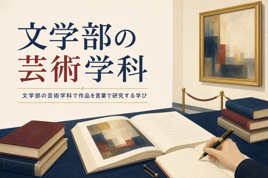 画集とノートが置かれた机と、文学部の芸術学科を紹介する記事タイトル
