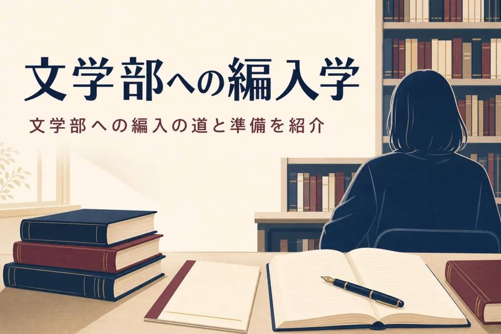 図書館の机に置かれた募集要項とノートと、文学部への編入学を紹介する記事タイトル