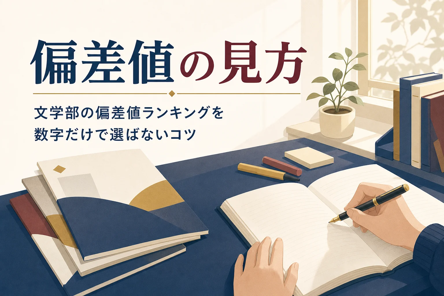大学のパンフレットとノートが置かれた机と、文学部の偏差値の見方を紹介する記事タイトル