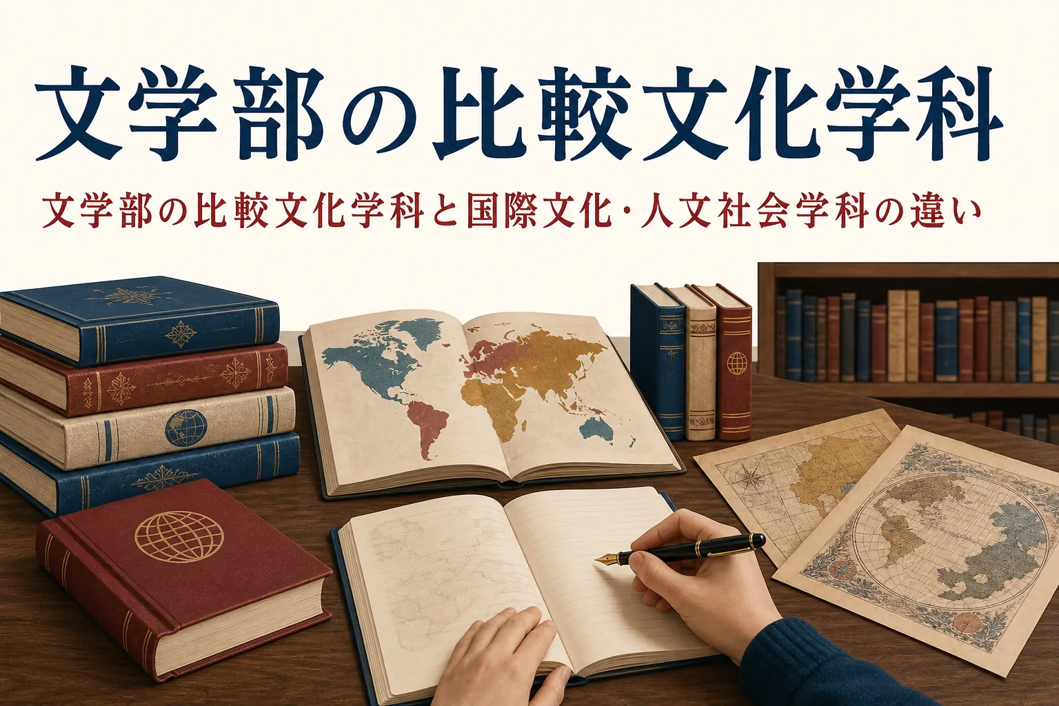 いろいろな国の本と地図が置かれた机と、文学部の比較文化学科を紹介する記事タイトル
