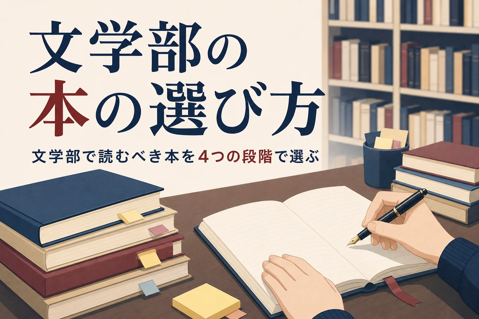 図書館の机で本と読書ノートを広げる手元と、文学部で読むべき本の選び方を紹介する記事タイトル