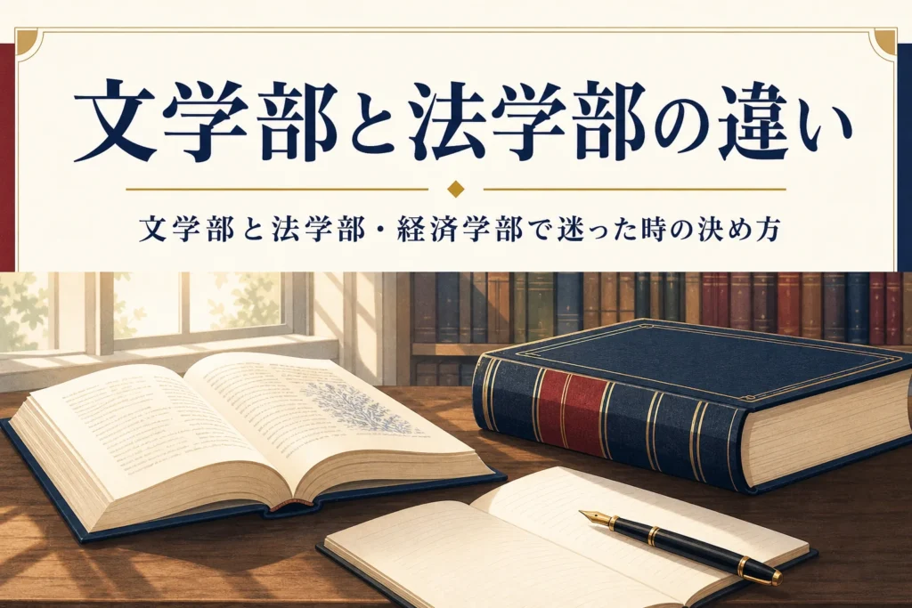 図書館の机に並ぶ文学の本と法律の本と、文学部と法学部の違いを紹介する記事タイトル