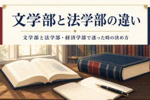 図書館の机に並ぶ文学の本と法律の本と、文学部と法学部の違いを紹介する記事タイトル