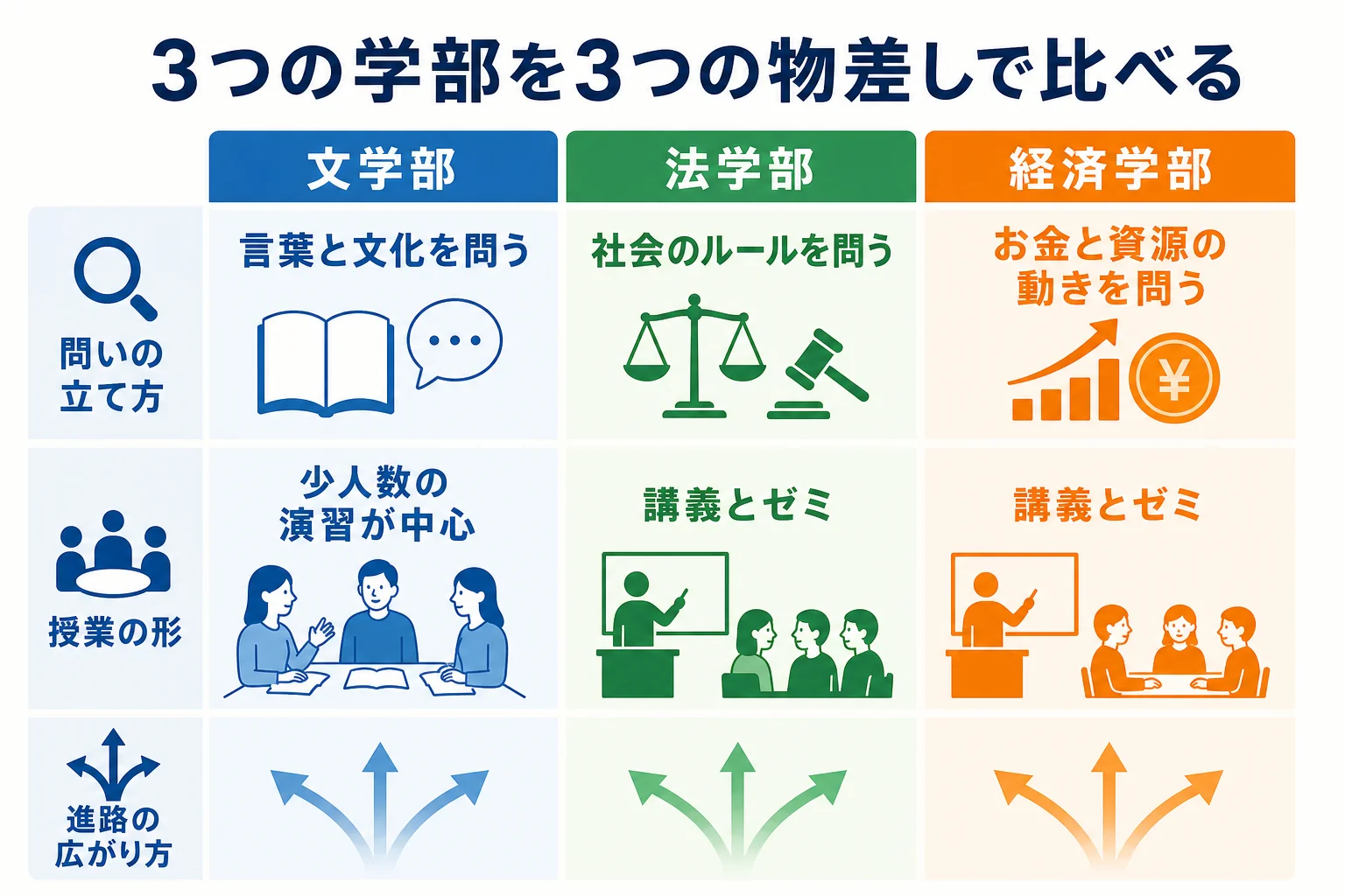 文学部・法学部・経済学部を問いの立て方・授業の形・進路の広がり方で比べた図解