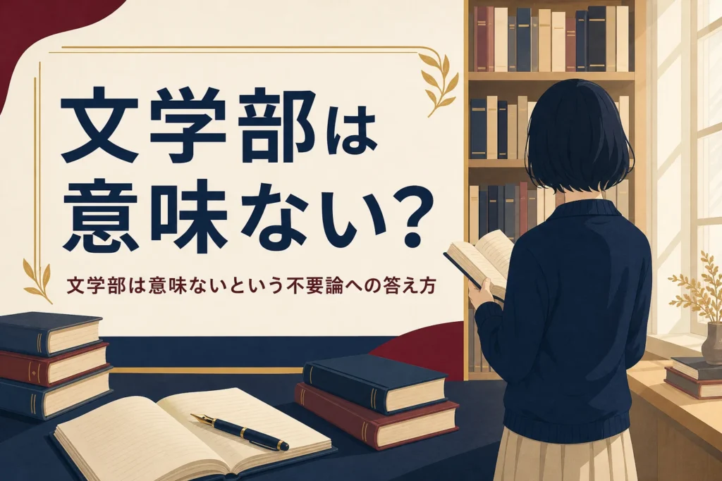 図書館の書架の前で本を手に考える人の後ろ姿と、文学部は意味ないという不要論への答え方を紹介する記事タイトル