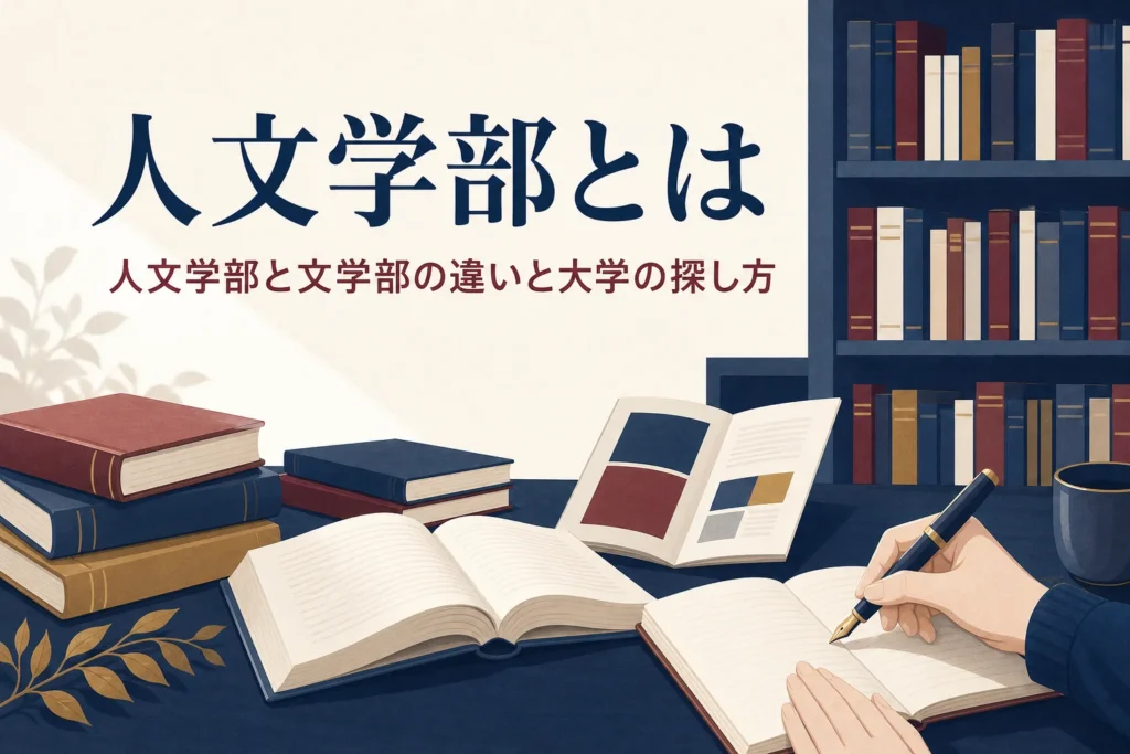 図書館の机に置かれた本とパンフレットと、人文学部とは何かを紹介する記事のタイトル
