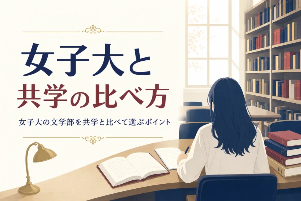 図書館で本とノートに向かう学生の後ろ姿と、女子大の文学部の選び方を紹介する記事タイトル