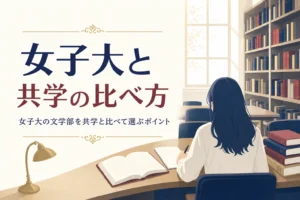 図書館で本とノートに向かう学生の後ろ姿と、女子大の文学部の選び方を紹介する記事タイトル