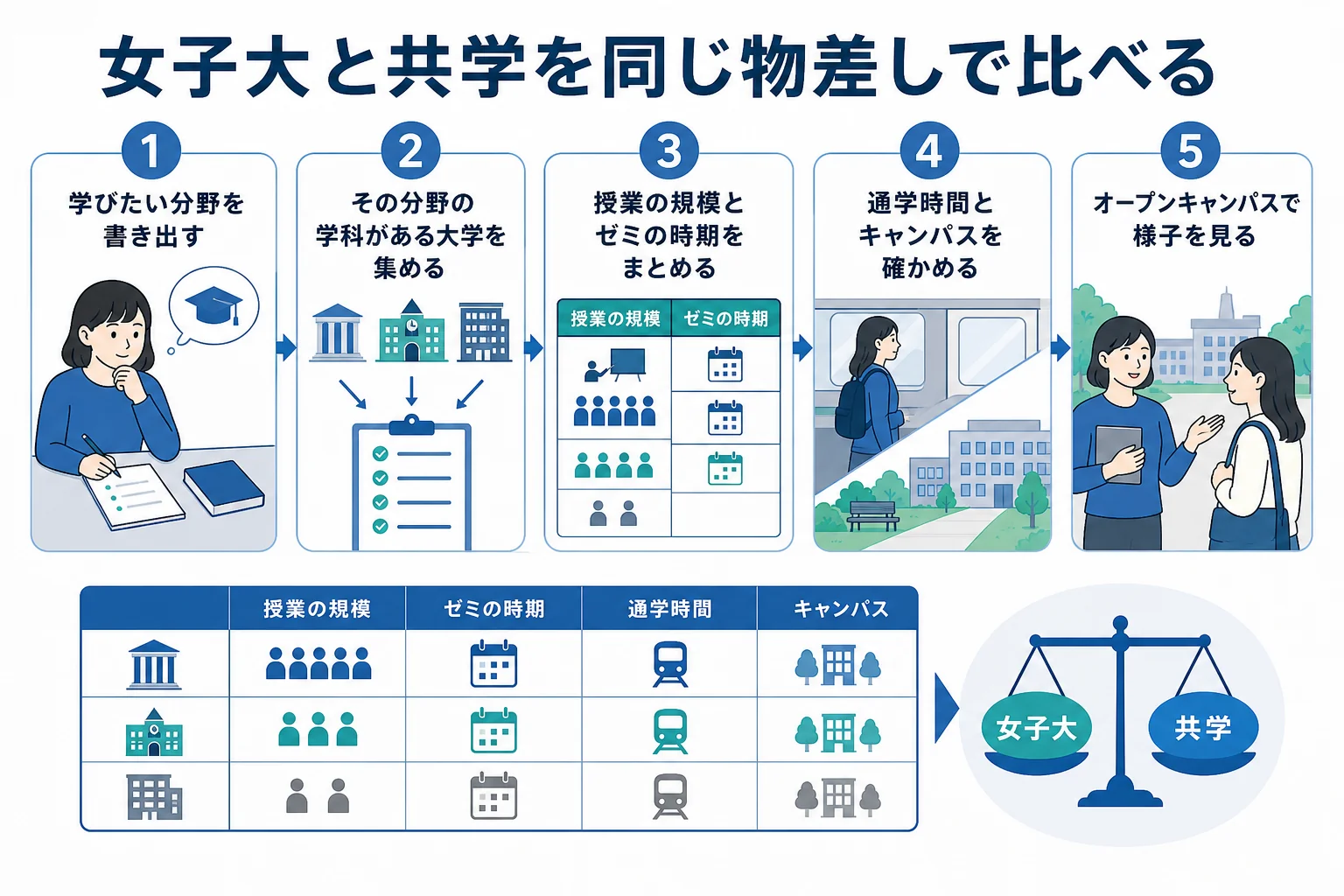 女子大と共学の文学部を、分野・授業の規模・通いやすさで比べる手順を示した図解