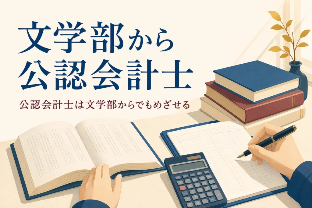 文学の本と電卓・ノートが並ぶ机と、文学部から公認会計士をめざす記事のタイトル