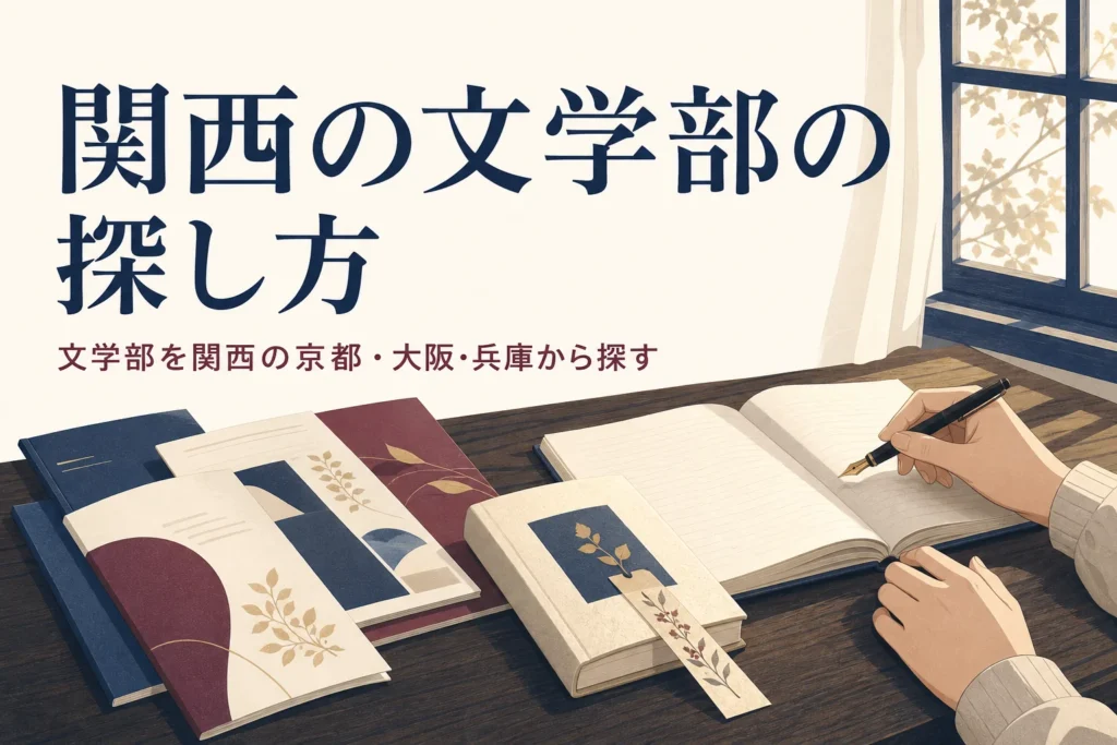 机に置かれた大学のパンフレットと本と、関西で文学部がある大学の探し方を紹介する記事タイトル