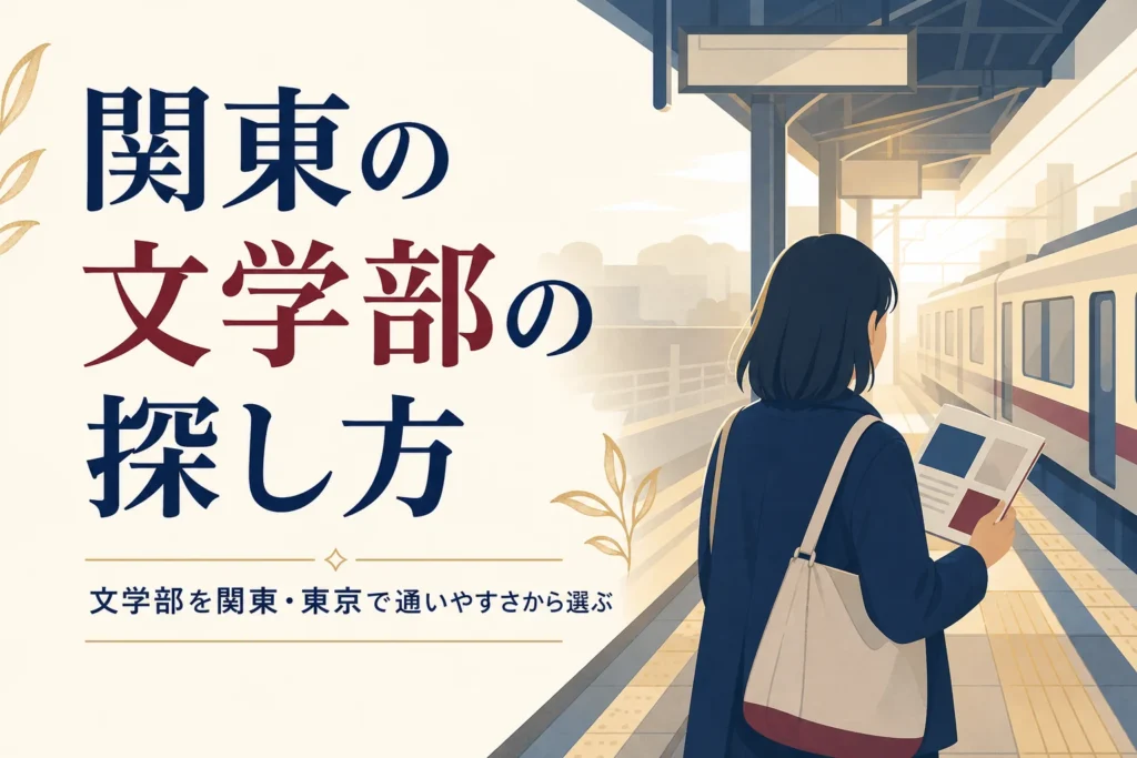 駅のホームで大学のパンフレットを持つ学生の後ろ姿と、関東で文学部がある大学の探し方を紹介する記事タイトル