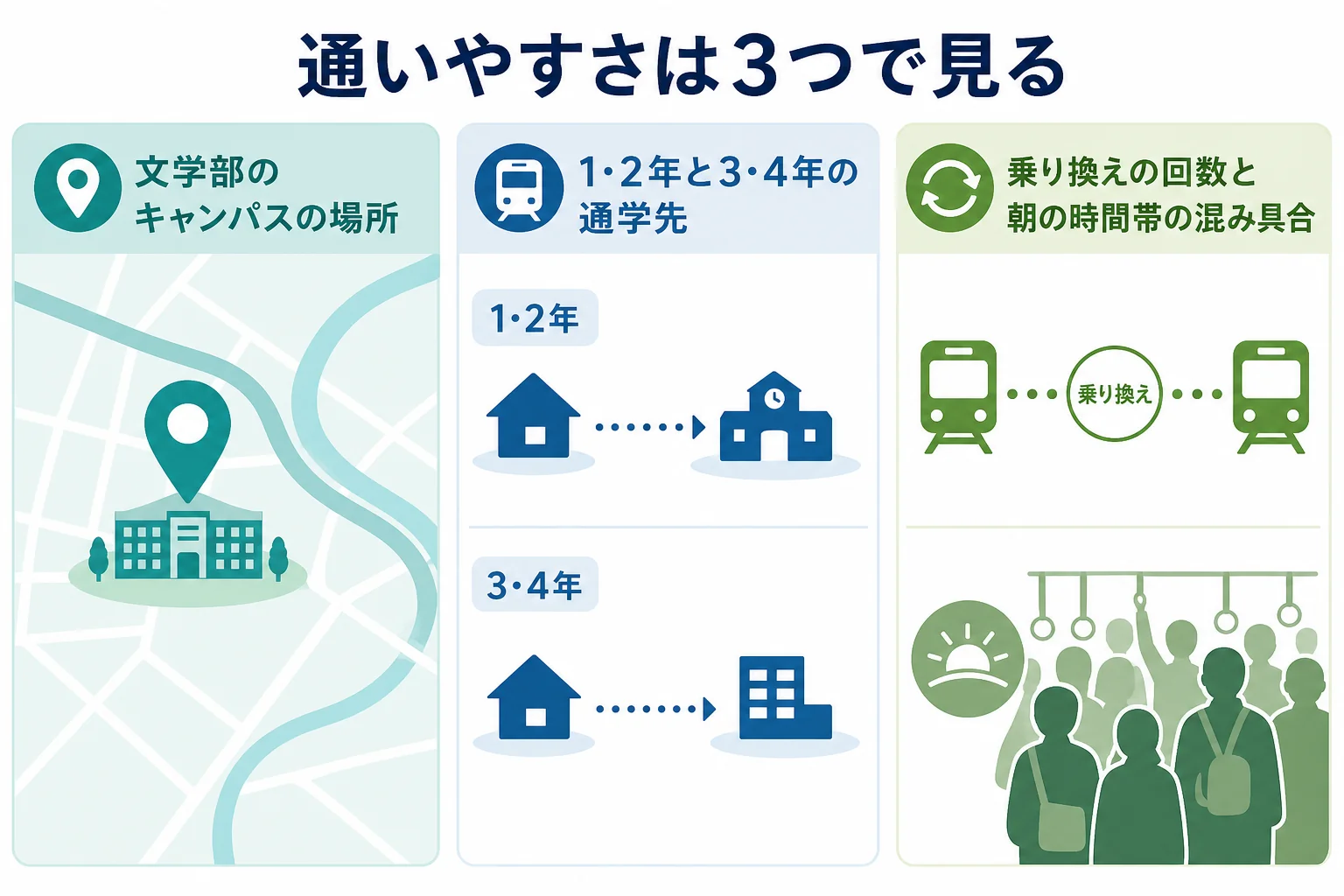 関東の文学部を、キャンパスの場所・学年ごとの通学先・乗り換えと混み具合の3つのポイントで比べる図解
