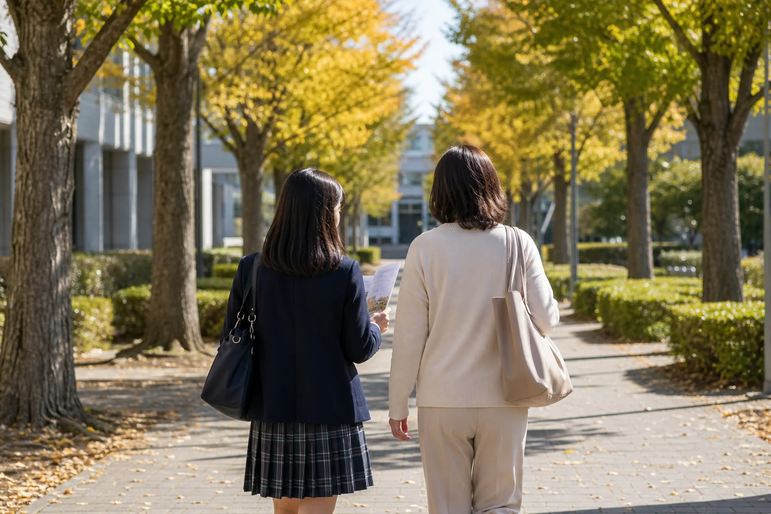 オープンキャンパスで、実際の通学ルートとキャンパスの様子を確かめに行く高校生と保護者の後ろ姿