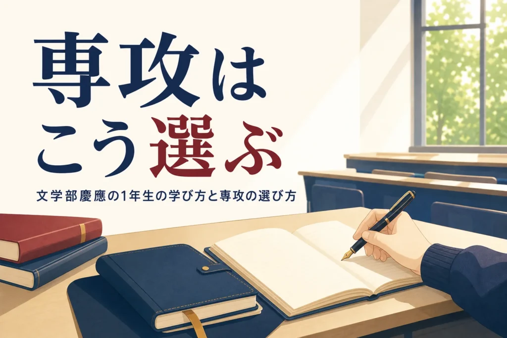 講義室の机に置かれたノートと手帳と、慶應義塾大学文学部の専攻の選び方を紹介する記事のタイトル
