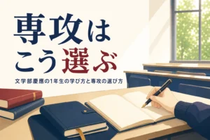 講義室の机に置かれたノートと手帳と、慶應義塾大学文学部の専攻の選び方を紹介する記事のタイトル