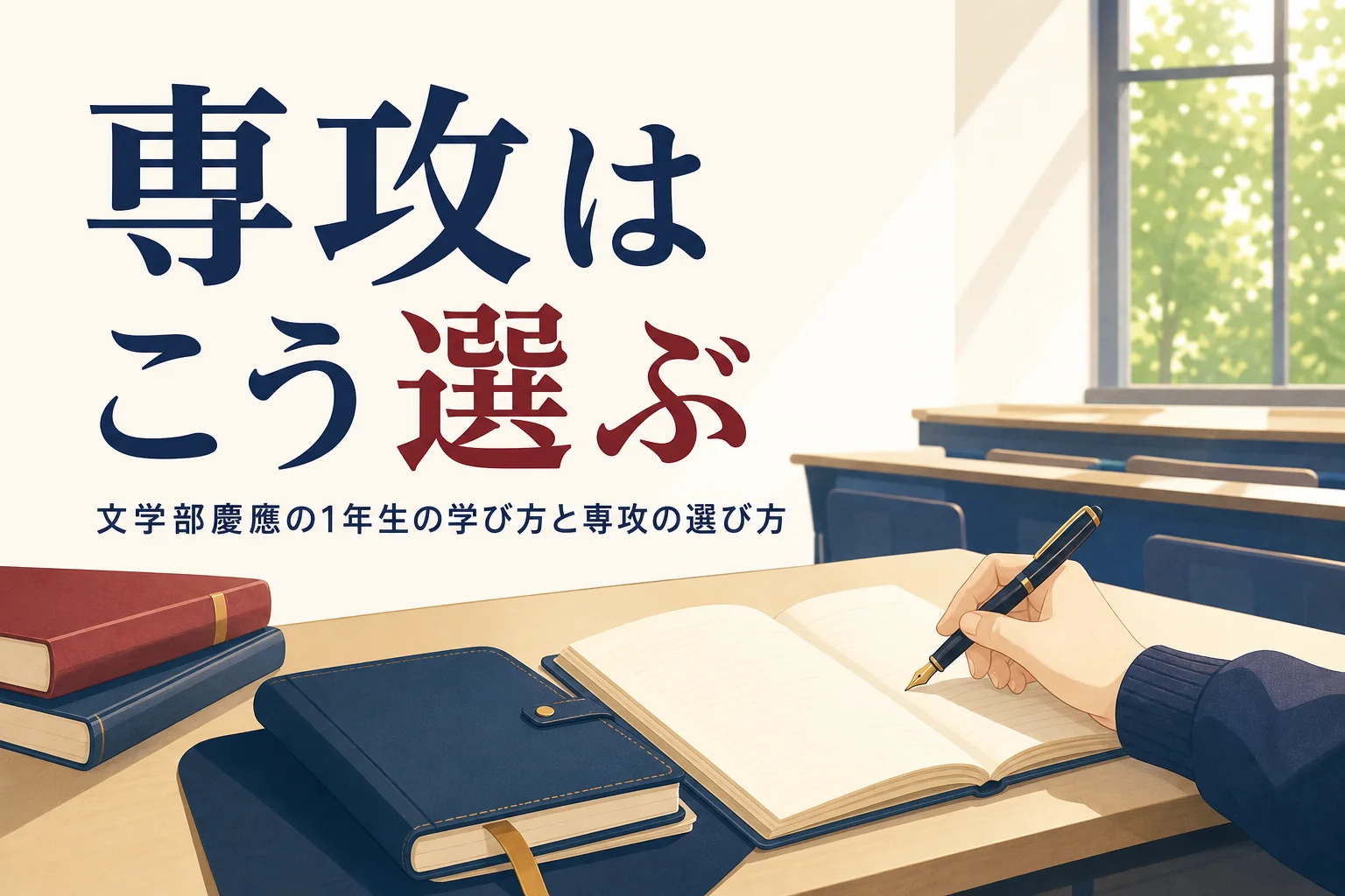講義室の机に置かれたノートと手帳と、慶應義塾大学文学部の専攻の選び方を紹介する記事のタイトル