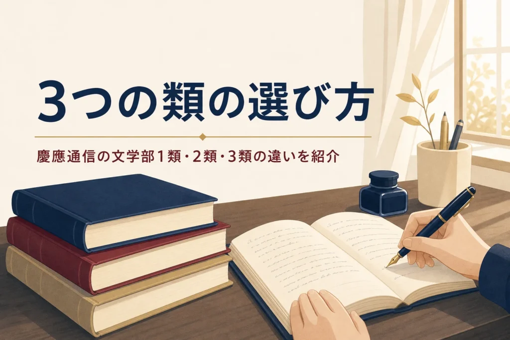 机に並んだ3冊の本とノートと、慶應通信の文学部の類の違いを紹介する記事タイトル