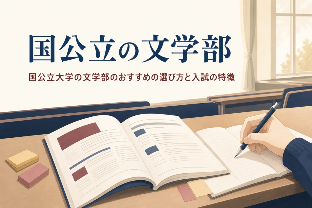 講義室の机に置かれた入試の冊子とノートと、国公立大学の文学部の選び方を紹介する記事タイトル