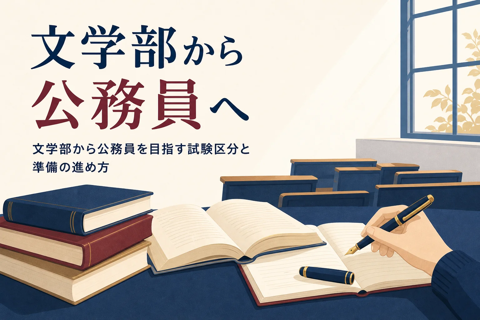 講義室の机に置かれた参考書とノートと、文学部から公務員を目指す記事のタイトル