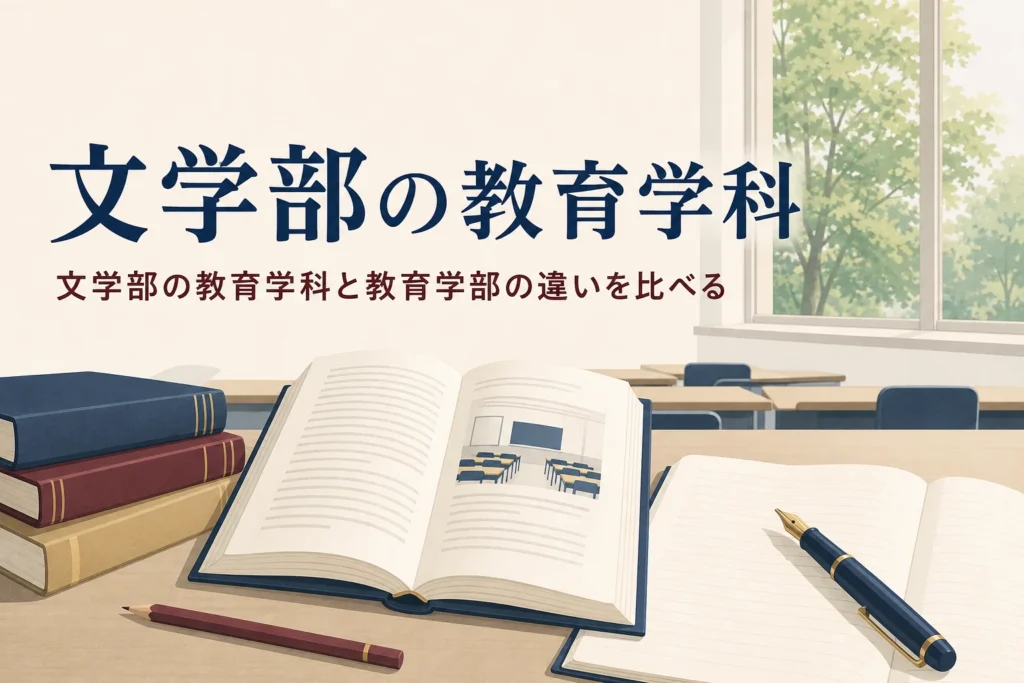 講義室の机に置かれた本とノートと、文学部の教育学科を紹介する記事タイトル