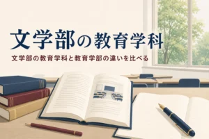 講義室の机に置かれた本とノートと、文学部の教育学科を紹介する記事タイトル