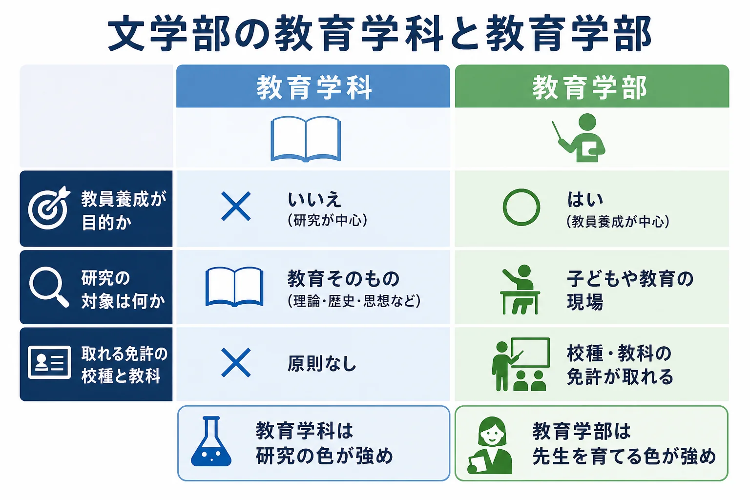 文学部の教育学科と教育学部を、教員養成が目的か・研究の対象・取れる免許の3点で比べた図解