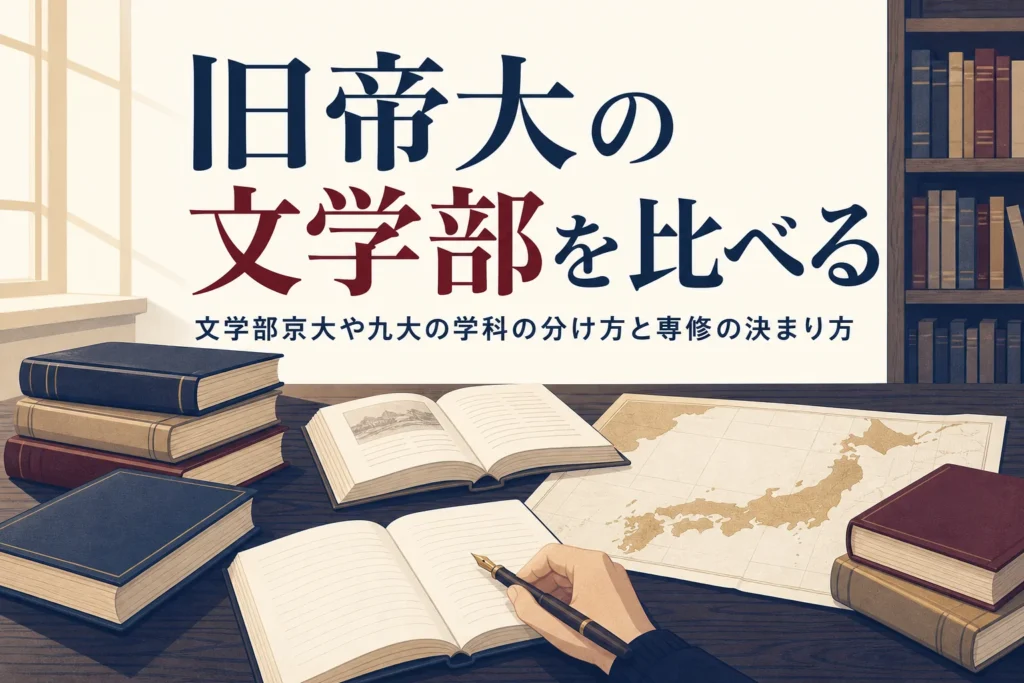図書館の机に広げた本と日本地図と、旧帝大の文学部の違いを紹介する記事のタイトル