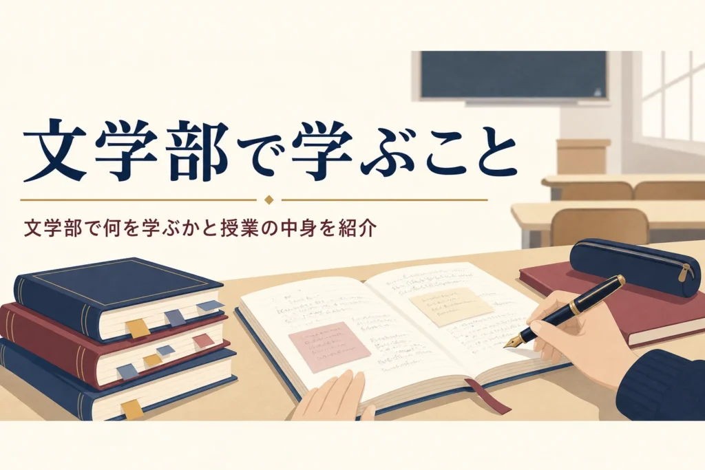 講義室の机で本とノートに書き込む手元と、文学部で何を学ぶかを紹介する記事タイトル