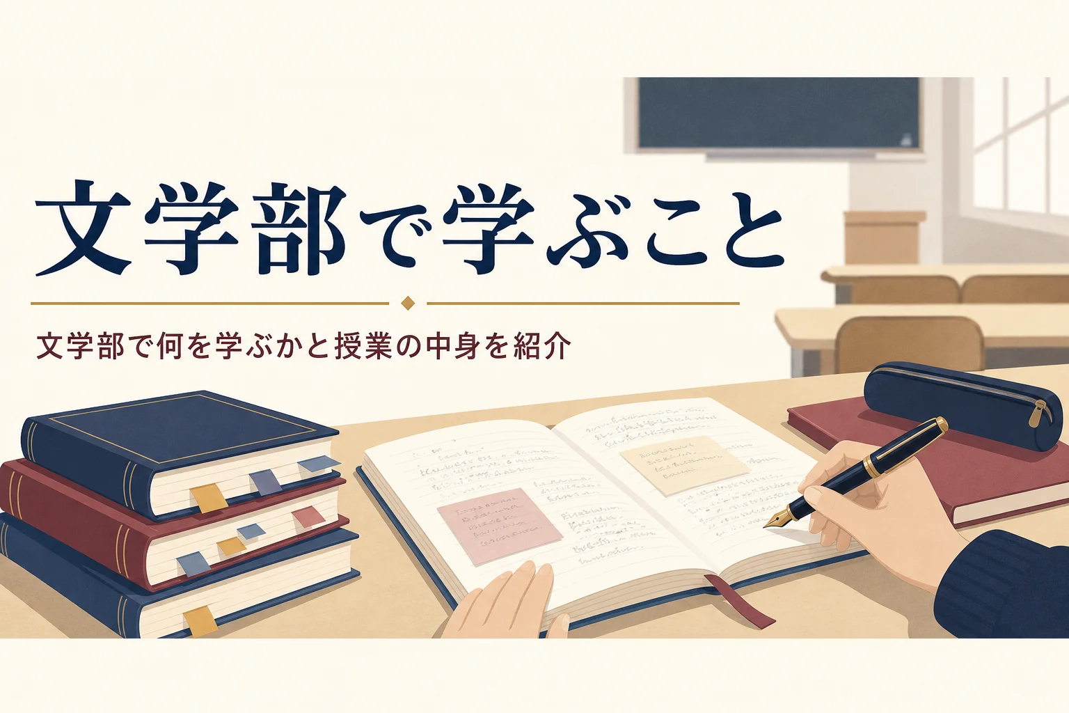 講義室の机で本とノートに書き込む手元と、文学部で何を学ぶかを紹介する記事タイトル