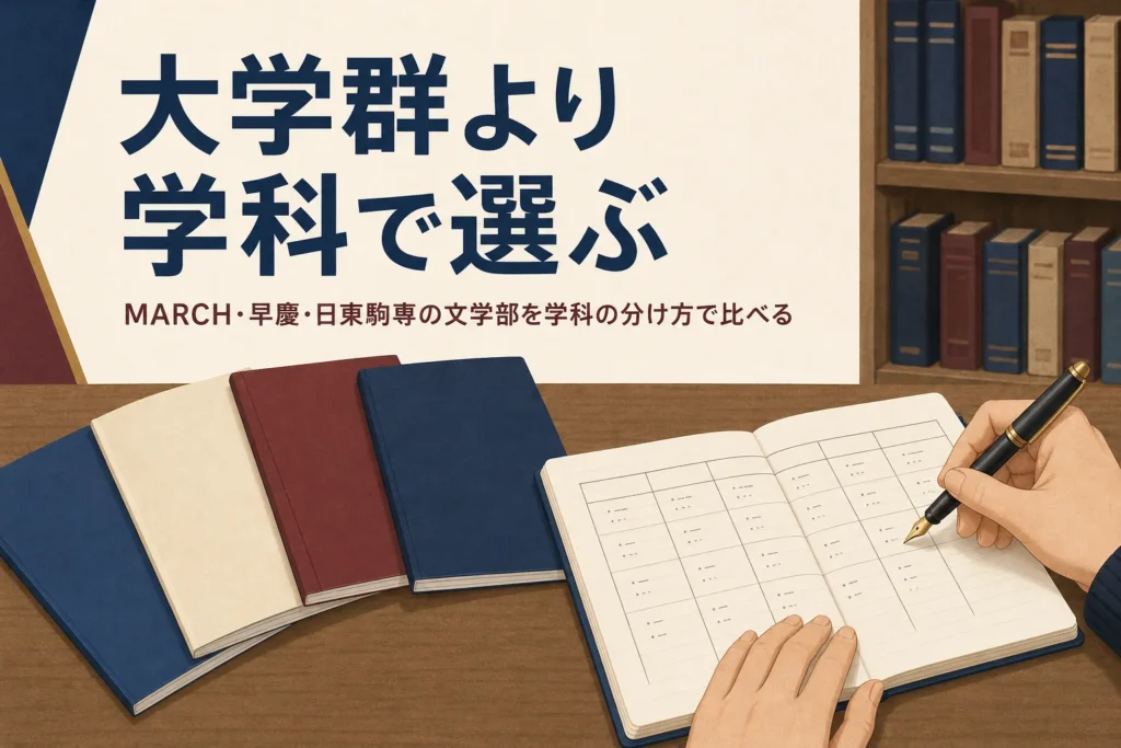 机に並んだ大学のパンフレットと比較表を書いたノートと、MARCH・早慶・日東駒専の文学部の比べ方を紹介する記事タイトル