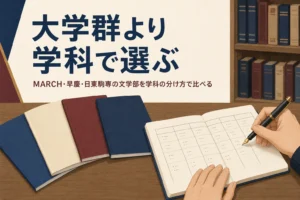 机に並んだ大学のパンフレットと比較表を書いたノートと、MARCH・早慶・日東駒専の文学部の比べ方を紹介する記事タイトル